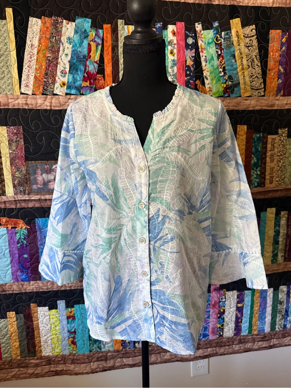 Alfred Dunner Light Blue and Mint Green Botanical Button-Down Top SP